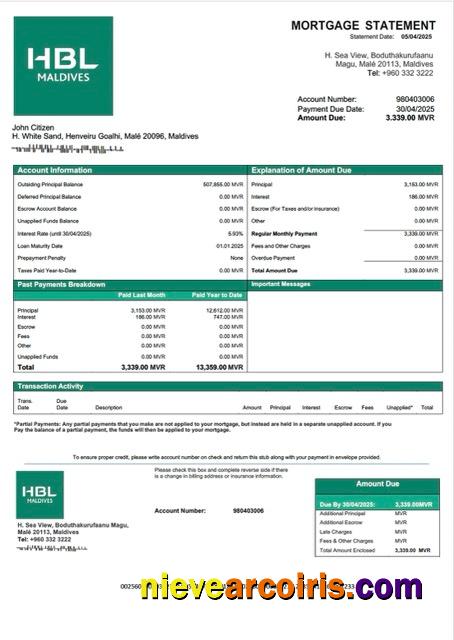 Maldives Habib Bank Limited (HBL) mortgage statement Word and PDF template
